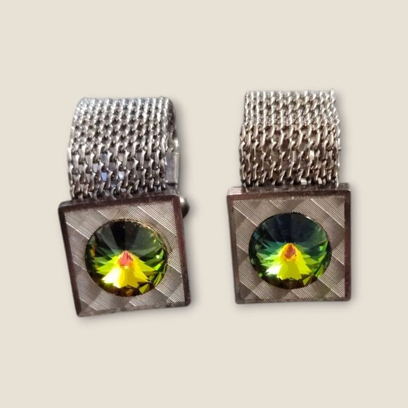 Vintage Estate Mesh  Silver Tone Cufflinks With Watermelon Rhinestone - Picture 2 of 7